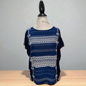 J. Crew Blue & White Batik Striped Embroidered Short Sleeve Stretch-Side Top XS